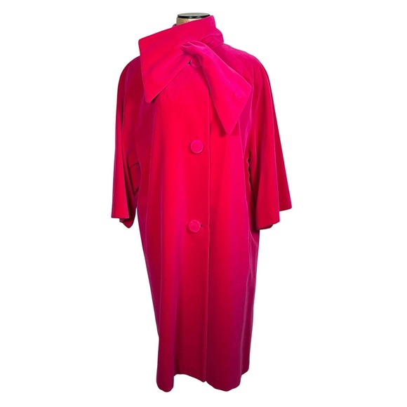 Vintage 60s retro Sport Ease Fashions Hot Pink Velvet Bow Neck swing coat 50s - Picture 2 of 13